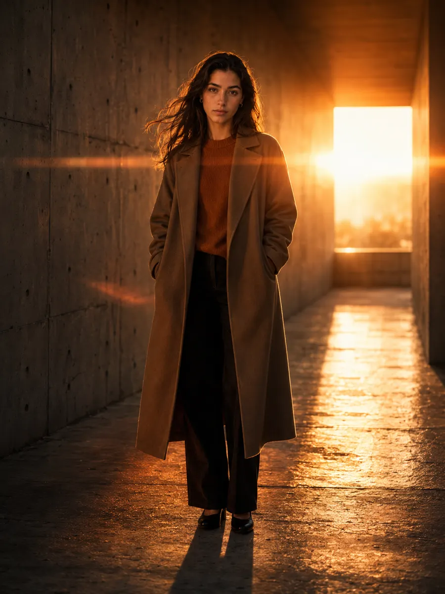 Mismo personaje en pasillo de concreto al atardecer con abrigo camel, cinematográfico