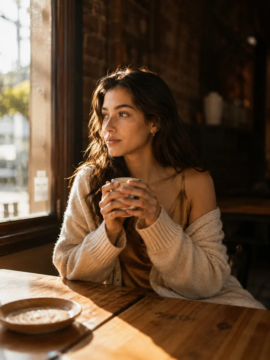 Mismo personaje en café junto a ventana al atardecer, sosteniendo una taza