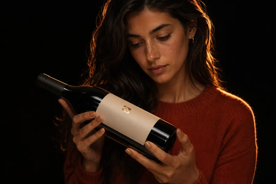 Mismo personaje sosteniendo una botella de vino oscura, pieza editorial